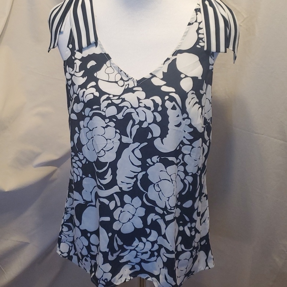 Cabi Shoulder Tie Floral and Stripe Tank SZ SM